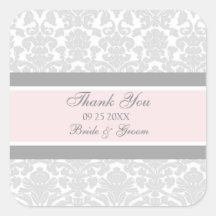 Gray Pink Damask Thank You Wedding Favor Tags Stickers