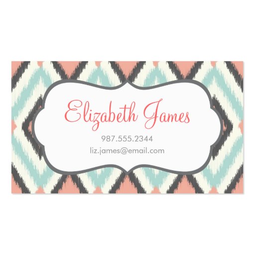 Gray Pink & Mint Tribal Ikat Chevron Business Card Template (front side)