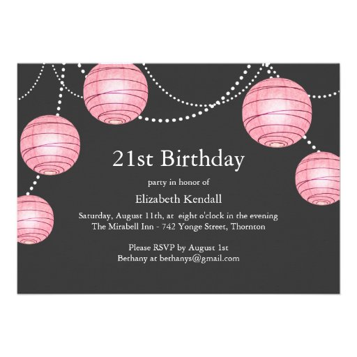 Gray & Pink Party Lantern 21st Birthday Invitation