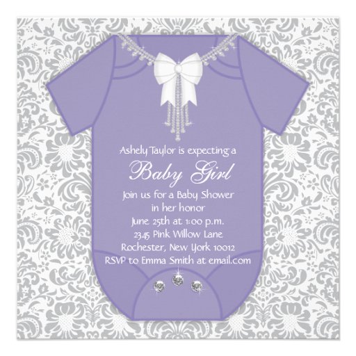 Gray Purple Damask Baby Girl Shower Invitations