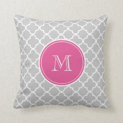 Gray Quatrefoil Pattern, Hot Pink Monogram Throw Pillows