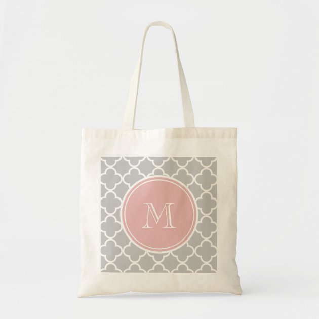 Gray Quatrefoil Pattern, Pink Monogram Budget Tote Bag