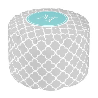 Gray Quatrefoil Pattern, Teal Monogram Round Pouf