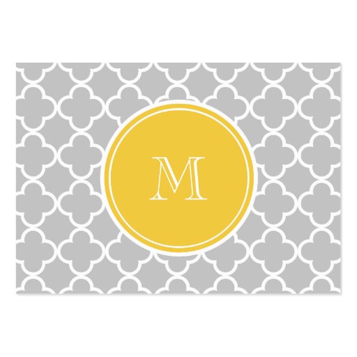 Gray Quatrefoil Pattern, Yellow Monogram Business Cards (front side)