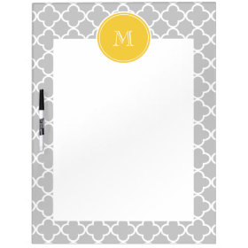Gray Quatrefoil Pattern, Yellow Monogram Dry Erase Whiteboard