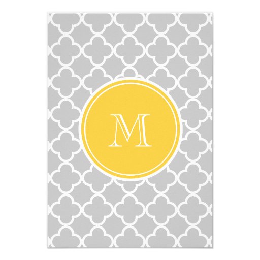Gray Quatrefoil Pattern, Yellow Monogram Personalized Invitations