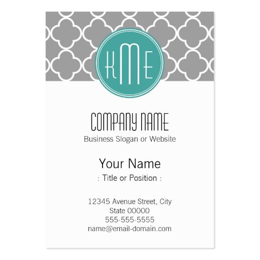 Gray Quatrefoil with Custom Mint Monogram Business Card (front side)