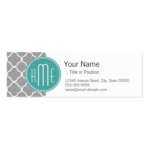 Gray Quatrefoil with Custom Mint Monogram Business Card Templates (front side)