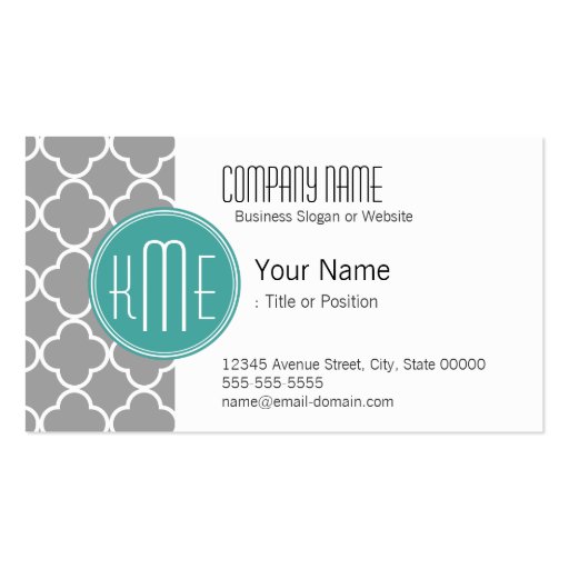 Gray Quatrefoil with Custom Mint Monogram Business Card Templates (front side)