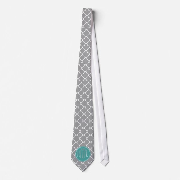 Gray Quatrefoil with Custom Mint Monogram Tie