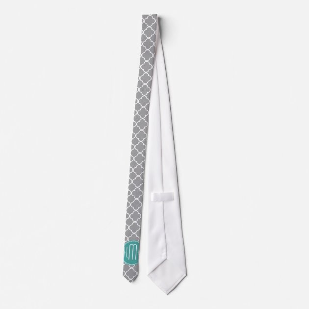 Gray Quatrefoil with Custom Mint Monogram Tie-2