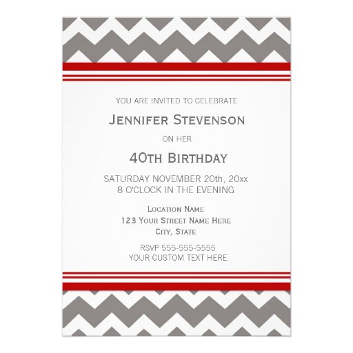 Gray Red Chevron 40th Birthday Party Invitations