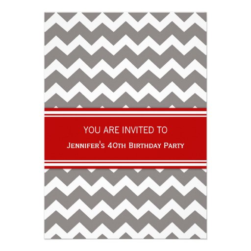 Gray Red Chevron 40th Birthday Party Invitations (front side)