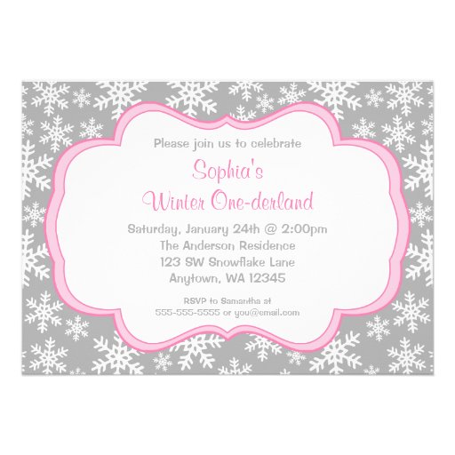 Gray Snowflakes Winter Onederland Birthday Personalized Invitations (front side)