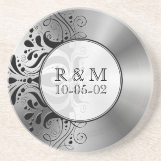Gray Stainless Steel Look Black Floral Accent Drink Coasters
