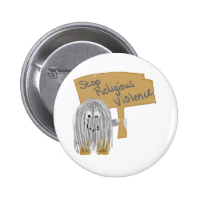 Gray stop religious violence pinback button
