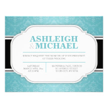 Gray & Turquoise Damask Wedding Invitations
