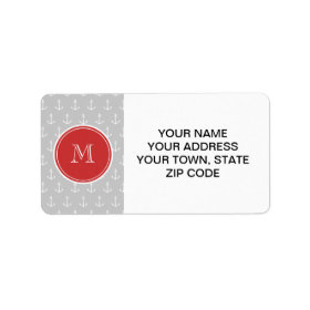 Gray White Anchors Pattern, Red Monogram Personalized Address Labels