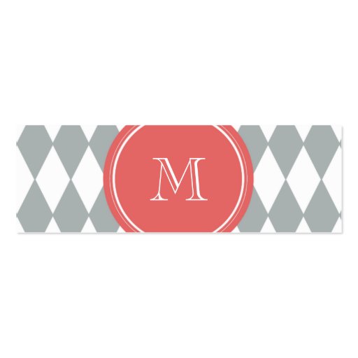 Gray White Harlequin Pattern, Coral Monogram Business Card Template (front side)