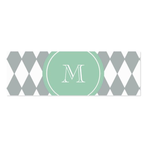Gray White Harlequin Pattern, Mint Green Monogram Business Card Templates (front side)