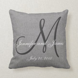 Gray White Linen Monogram Wedding Keepsake Pillow