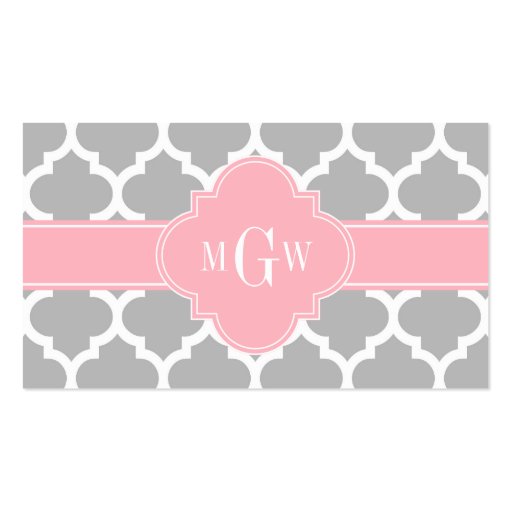 Gray White Moroccan #5 Pink 3 Initial Monogram Business Card Templates (front side)