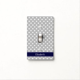 Gray White Polka Dots Navy Blue Name Monogram Switch Plate Covers