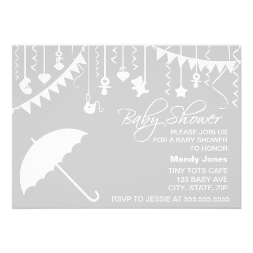 Gray & white umbrella stylish modern baby shower announcements