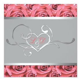 Gray with Coral Pink Roses Monogrammed Invitation 5.25