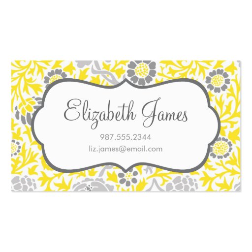 Gray & Yellow Retro Floral Damask Business Card Template
