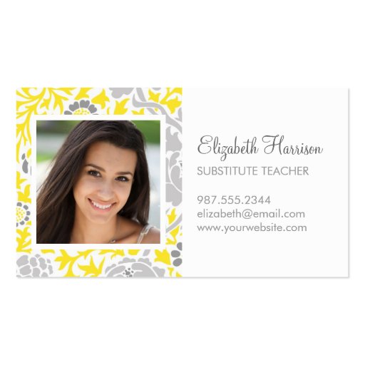 Gray & Yellow Retro Floral Damask Custom Photo Business Card (front side)