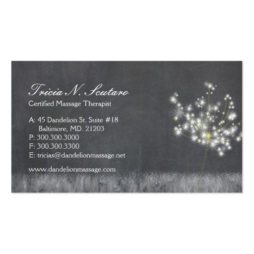 Grayscale Dandelion Massage Therapy Business Cards (back side)