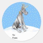 Great Dane Reindeer Christmas Black Gift Tags Round Stickers