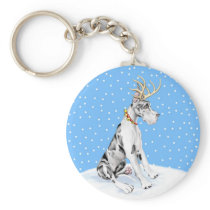 Great Dane Reindeer Christmas Harlequin Key Chain