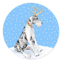 Great Dane Reindeer Christmas Harlequin UC Round Stickers