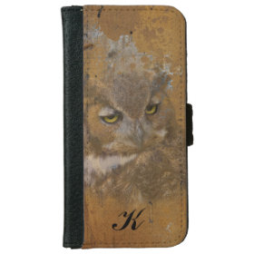 Great Horned Owl Faded on Old Wood, Monogram iPhone 6 Wallet Case