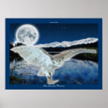Great Horned Owl & Moon by Lake Art Poster
