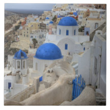 Greece, Santorini. Bell tower and blue domes of 3 Ceramic Tiles