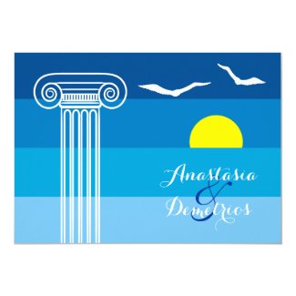 Greek columns and seagulls tropical beach wedding card