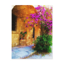 Greek stone house - old wooden door Bougainvillea Postcards