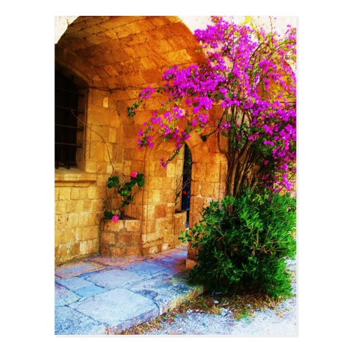 Greek stone house - old wooden door Bougainvillea Postcards