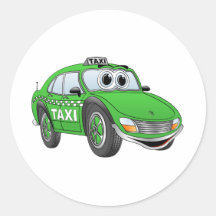 Green 4 Door Taxi Cab Cartoon Round Sticker
