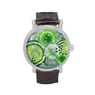 Green Abstract Circles and Stars Wrist Watches