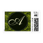 Green and black damask monogram postage