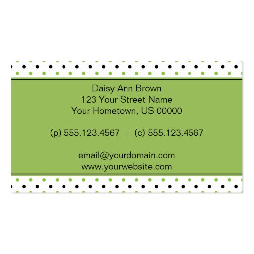Green and Black Polka Dots Business Card (back side)