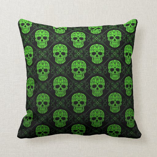 Green and Black Sugar Skull Pattern Throw Pillows Zazzle