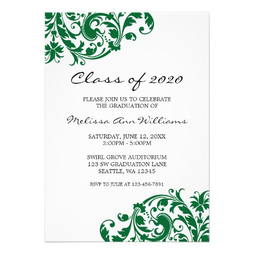 Green and Black Swirl Graduation Announcement (front side)