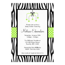 Green and Black Zebra Heart Mobile Baby Shower Personalized Invitations