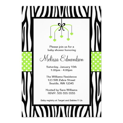 Green and Black Zebra Heart Mobile Baby Shower Personalized Invitations