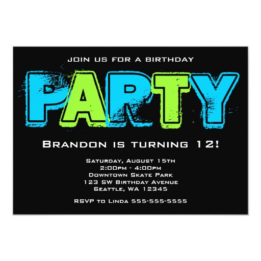 Green and Blue Grunge Birthday Party Custom Invite (front side)
